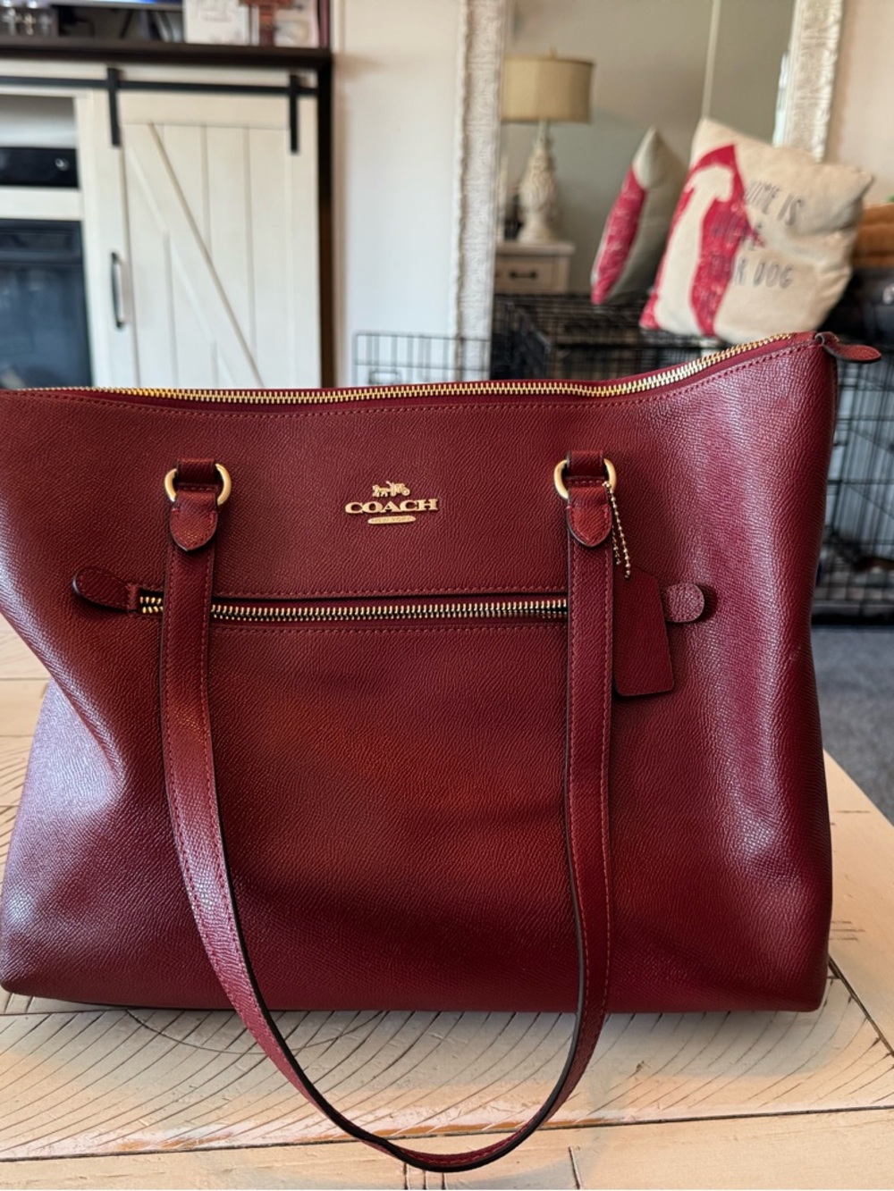 Used Coach Burgundy Leather Tote Bag with Gold Hardware